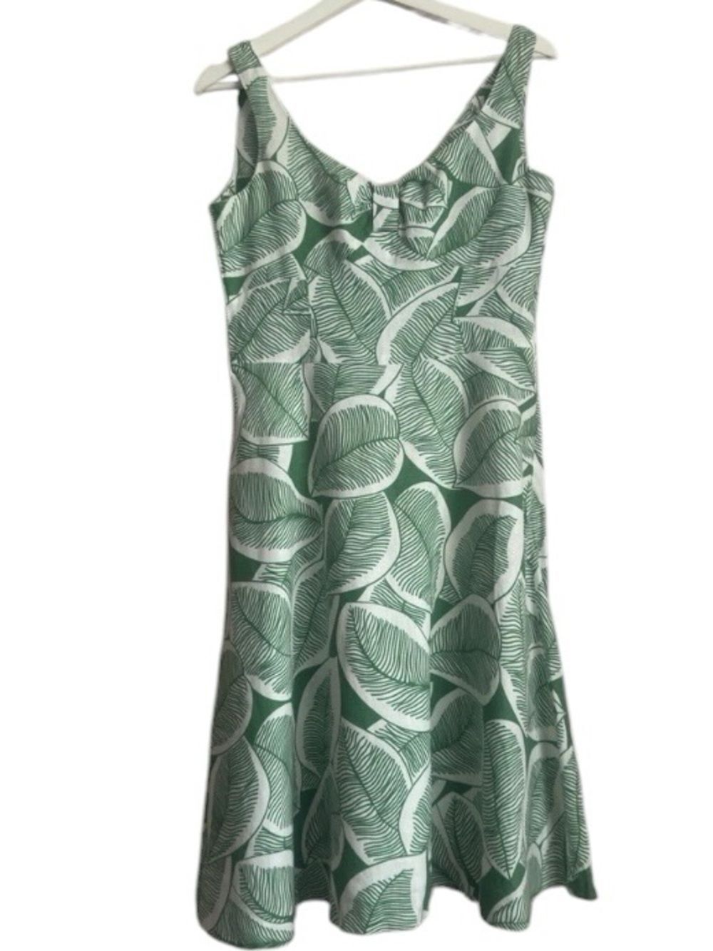 HOBBS LONDON LINEN FLAX Sleeveless Green Leaf Print A-Line Dress 14